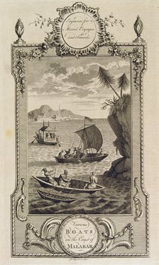 Boats on the Malabar coast, engraving in the work 'Voyages and Travels' by John Hamilton Moore.