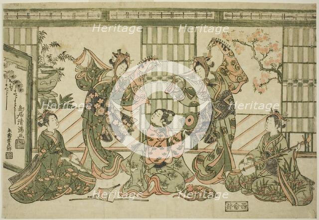 Entertainers performing the hobby-horse dance, c. 1764. Creator: Torii Kiyomitsu.