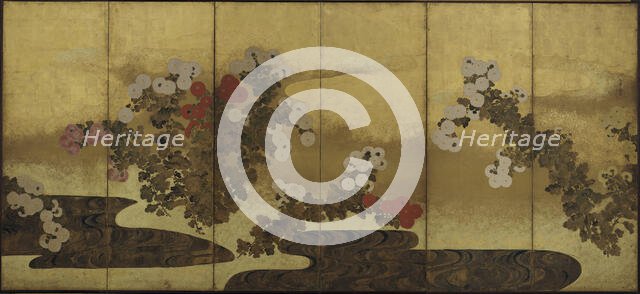 Chrysanthemums beside a stream, Edo period, 19th century. Creator: Unknown.