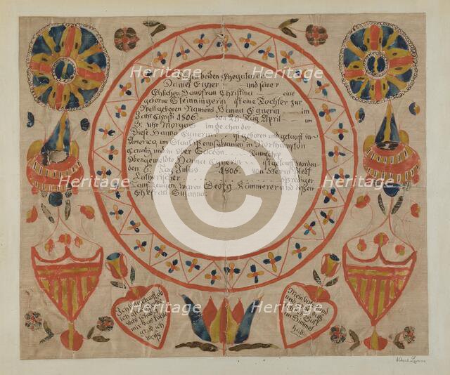 Pa. German Fraktur, 1935/1942. Creator: Albert J. Levone.