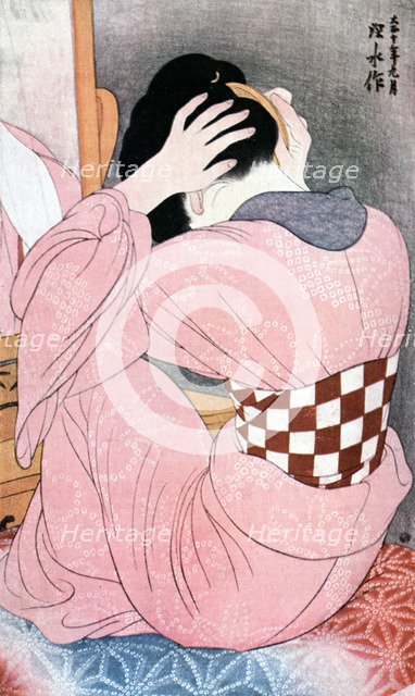 'A Girl Dressing her Hair', or, 'Woman with an Undersash', c1921.Artist: Ito Shinsui