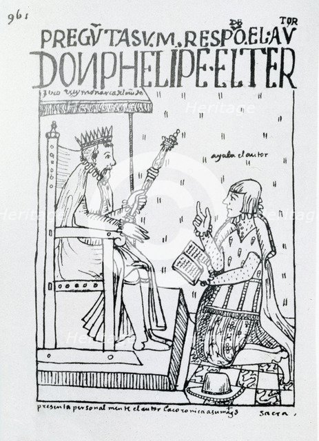 Poma de Ayala appears prostrate before the King Philip II, illustration in 'Nueva Crónica y Buen …