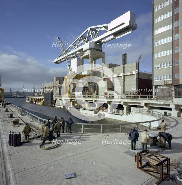 A nuclear submarine berthing at Devonport docks, Plymouth, Devon, 1980. Artist: Michael Walters