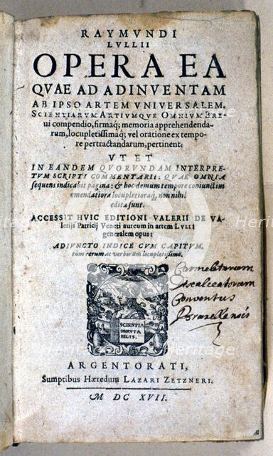 Cover of 'Opera Ea quae ad Inventam' by Ramon Llull, 1617. Creator: Llull, Raimon (1232-1316).