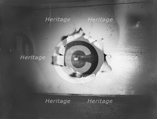 U.S.S. Iowa, damage from Spanish fire in Battle of Santiago, 1898. Creator: Unknown.