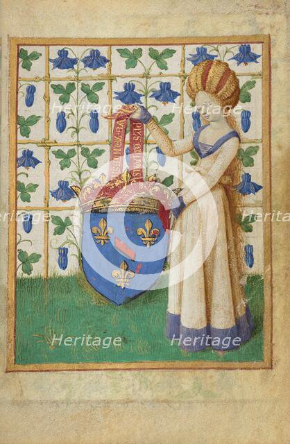 Coat of Arms Held by a Woman; Hours of Simon de Varie, 1455. Creator: Jean Fouquet.