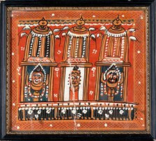 Balarama, Subhadra and Jagannath in three shrines surmounted by winged domes, c1880/1910. Creator: Unknown.