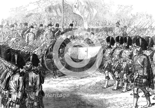 Review at Windsor of troops from the Ashantee War:...42nd Highlanders marching past the Queen, 1874. Creator: Unknown.