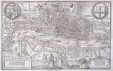 Map of the City of London and City of Westminster with four figures in the foreground, (c1572?).  Artist: Anon