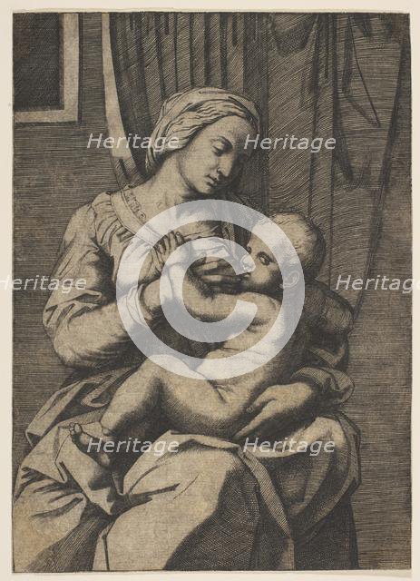 Virgin nursing the infant Christ on her lap, 1515-20. Creator: Marco Dente.