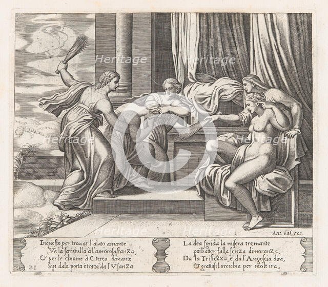 Plate 21: Female personifications of Sorrow and Pain at right punishing Psyche at the b..., 1530-60. Creator: Master of the Die.