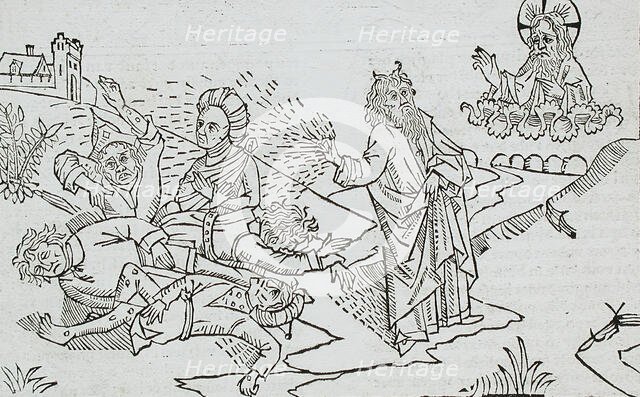God Sends the Flies to Egypt (recto); God Sends Boils to Egypt (verso), published 1483. Creator: Unknown.