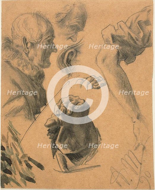 Sketches of Hands, Arms, and Heads, 1890. Creator: Adolph Menzel.