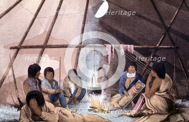 Interior of Cree Indian tent, 1823. Artist: John Franklin