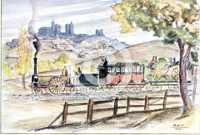 The inaugural train of the line from Madrid to Zaragoza in 1859, passing by Siguenza, drawing by …