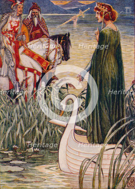 'King Arthur asks the Lady of the Lake for the sword Excalibur', 1911.  Artist: Walter Crane.