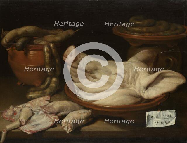 Still Life with Pig's Head, Pig's Knuckles and Sausage, 1600-1650. Creator: Monogrammist JVR.