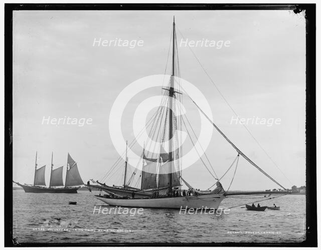 Volunteer, trial trip, weighing anchor, (1887?). Creator: Unknown.