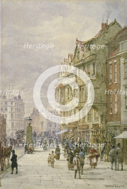 View east along Holborn with figures and horse-drawn vehicles on the street, London, 1875. Artist: Louise Rayner