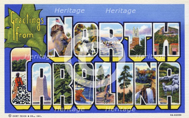 'Greetings from North Carolina', postcard, 1938. Artist: Unknown