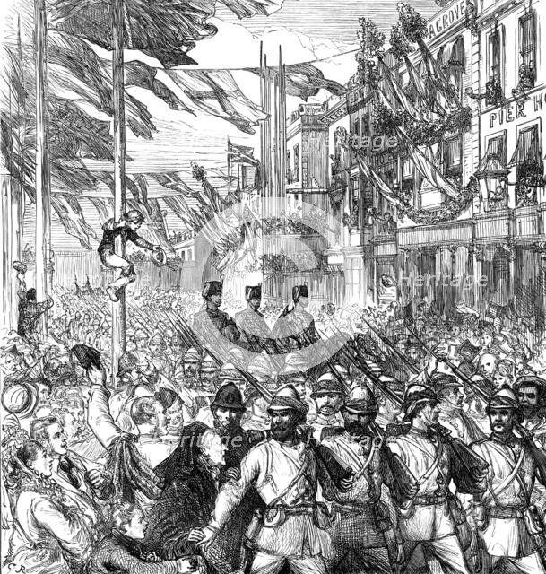 The Ashantee War: the return home - arrival of the 23rd Royal Welsh Fusiliers at Portsmouth, 1874. Creator: Unknown.