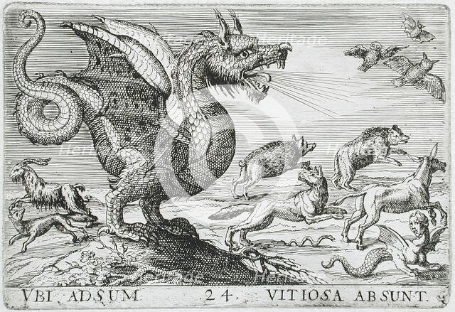 A Chimerical Animal Chasing Other Animals, 1610. Creator: Hendrick Hondius I.