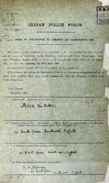 George Orwell's application papers to join the Burma Police, 1922. Creator: Unknown.