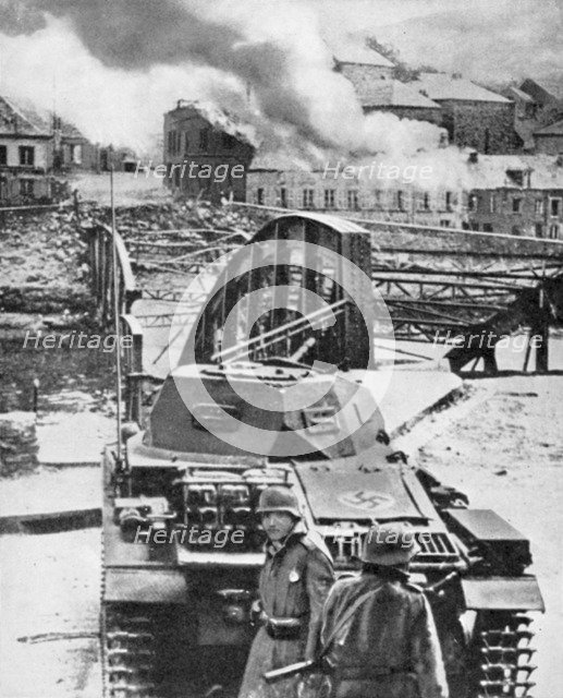 Destruction of bridge over River Meuse by Belgians to stop German advance, World War 2, 1940. Artist: Unknown