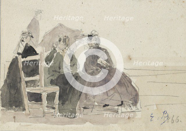 Three Women seated on Chairs on a Beach, late 19th century. Artist: Eugene Louis Boudin.