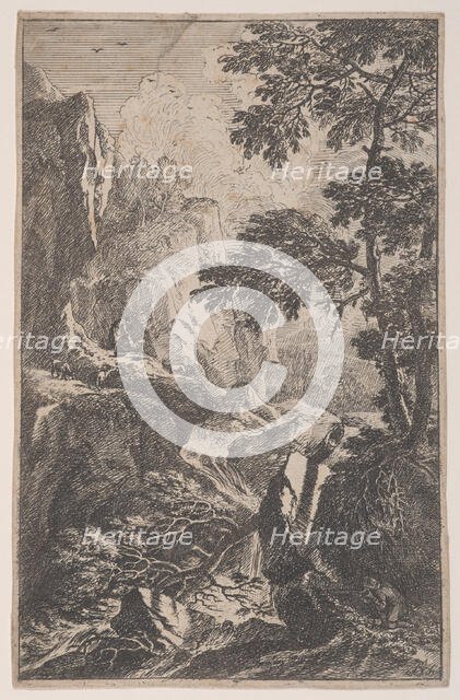 Plate 2: a hunter aiming with his gun, kneeling next to a large rock at right, a ma..., ca. 1700-25. Creator: Franz Joachim Beich.
