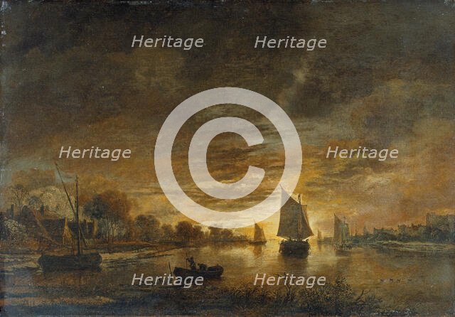 River Landscape with Ships at Moonrise, c1660-1670. Creator: Aert van der Neer.