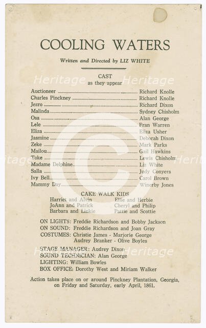 Cast listing for Shearer Summer Theatre's production of Cooling Waters, 1948. Creator: Unknown.