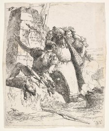 A scene of necromancy: a woman bearing a vessel, a turbaned man, and a soldier look..., ca. 1743-57. Creator: Giovanni Battista Tiepolo.
