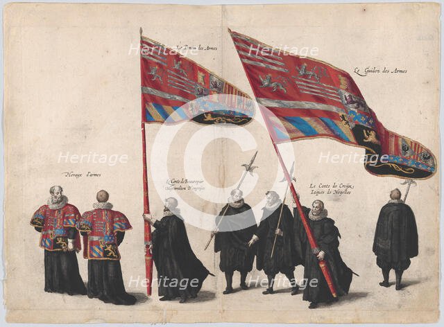 Plate 48: Men bearing arms and heraldic flags marching in the funeral procession of Archdu..., 1623. Creator: Cornelis Galle I.