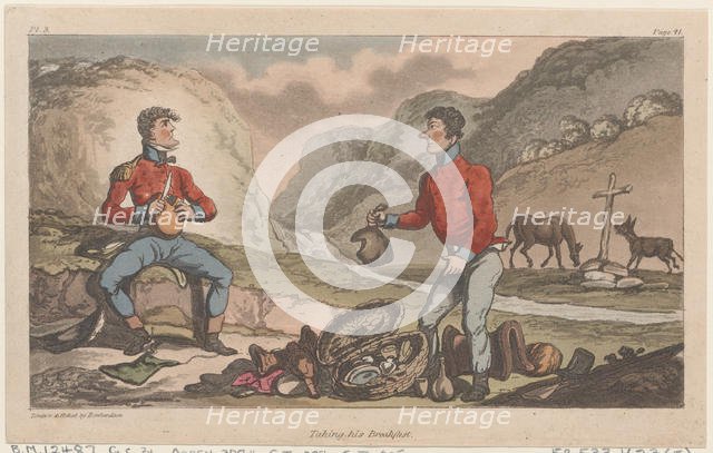 Taking his Breakfast, from "The Military Adventures of Johnny Newcome", 1815., 1815. Creator: Thomas Rowlandson.