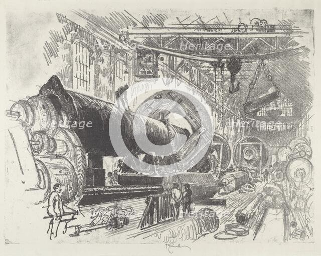 Cutting and Turning a Big Gun, 1916. Creator: Joseph Pennell.