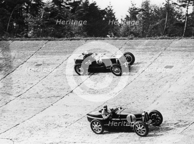 Maserati and Bugatti in action at Brooklands, Surrey, 1933. Artist: Unknown
