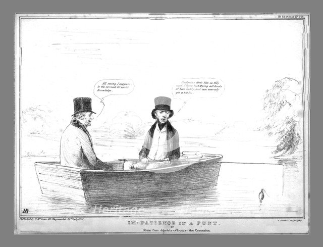 'Im:Patience in a Punt. or Otium Cum dignitate - Versus - the Coronation', 1838. Creator: John Doyle.