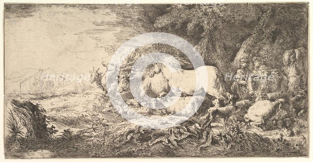 Entry of the animals into Noah's ark, three men follow quadrupeds and birds stridin..., ca. 1650-55. Creator: Giovanni Benedetto Castiglione.