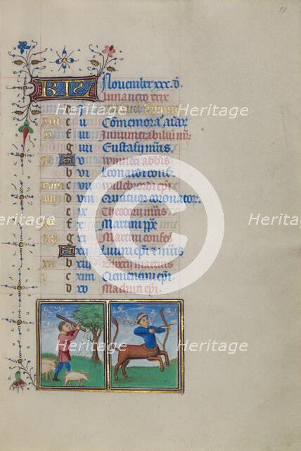 Calendar Page for November: Gathering Acorns for Pigs: Sagittarius; Book of Hours, about 1450-1455. Creator: Master of the Lee Hours.
