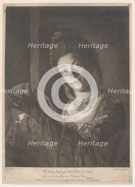 Miss Lydia Hone - "Her beauty hangs on the Cheek of Night, like a rich Jewel ..., November 30, 1771. Creator: John Raphael Smith.