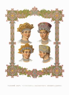 Girls and women headgear of Tikhvin and Belozersk, 1849-1853. Creator: Solntsev, Fyodor Grigoryevich (1801-1892).