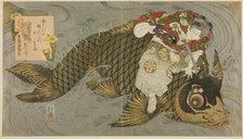 Oniwakamaru subduing the giant carp, c. 1830/35. Creator: Totoya Hokkei.