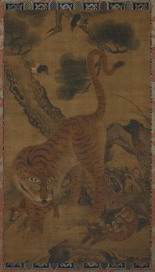 Tiger with cubs and magpies, 15th century. Creator: Unknown.