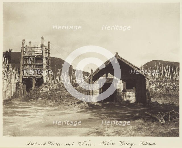 Look-out tower and whare, native village, Rotorua, 1920s. Creator: Harry Moult.