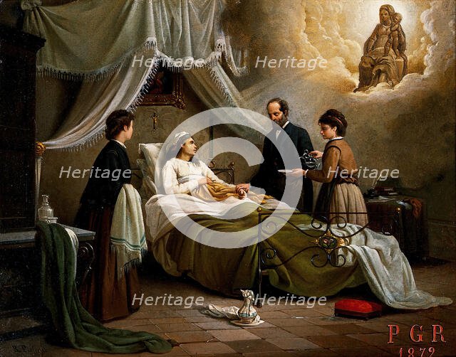 A woman in bed in a sick-room, attended by a physician, receiving the blessing of the..., 1872. Creators: Unknown, R Pistoni.