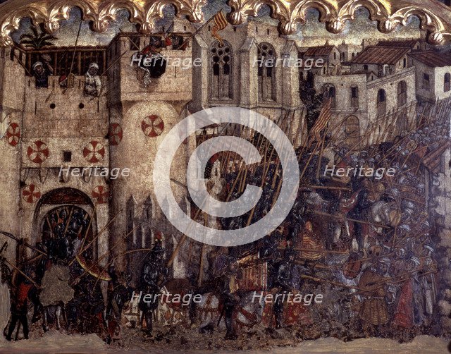 Fight and entry of the troops of James I by the painted door of Medina Myurka (1229), table in th…