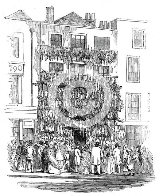 Poulterer's shop, Holborn-Hill, 1845. Creator: W. J. Linton.