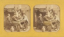 Three men and a woman seated at a table drinking, 1855-1860. Creator: Unknown.