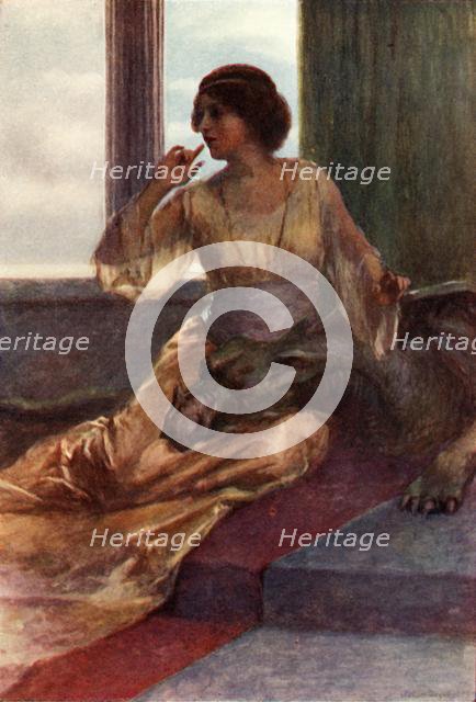 'Sitting with the sleeping dragon's head on her knee', 1917. Creator: Unknown.